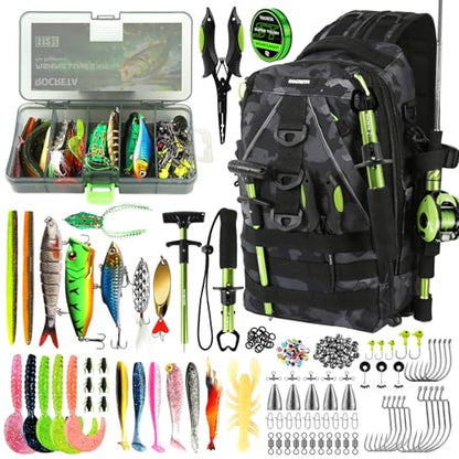 Fishing Backpack with Tackle Boxes,Fishing Lure Kit and Tool | Waterproof Fishing Tackle Bag With Rod Holder, Sling Backpack wtih Fishing Gear, Fishing Gifts for Men Woman Anglers - color: Camouflage Fishing Backpack Set