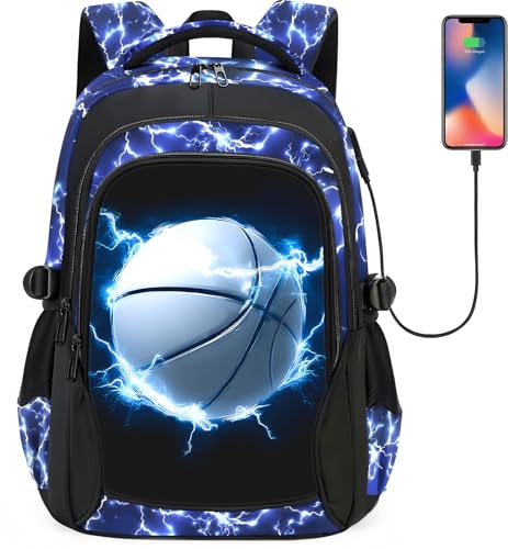School Backpack for Boys - Basketball Boys Backpack for Kids Teens Elementary Middle School，18" Large Capacity Waterproof Bookbag with Usb Charging Port, Travel Daypack for age 6-18 - color: Basketball-backpack Only