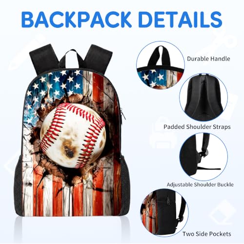 3PCS Baseball Print Backpack for Boys Girls Teens, School Backpack with Lunch Box Pencil Case for Elementary Middle High Students, 17 Inch Lightweight Bookpack 3 in 1 Set Back to Shool Gifts for Kids - color: American Flag Baseball S01