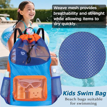 Swim Bag for Kids Mesh Beach Backpack for Boys Lightweight Drawstring Beach Bag Swimming Pool Sports Gym String Bag (Blue) - color: Blue