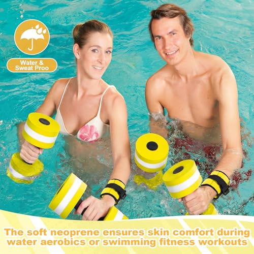 Hollowfly Water Aerobics Set, 4 Piece Pool Exercise Kit (2 Aquatic Dumbbells + 2 Ankle/wrist Weights), EVA Foam, Low-impact Workout - color: Neon Yellow, size: 1lb