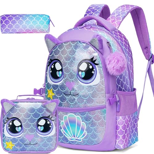 Backpacks for Girls School Bag Cute Girls Backpacks Ages 8-10 with Lunch Box Kids Bookbag Set Travel Backpack for Preschool Kindergarten Elementary Students Backpack to School Supplies - color: Mermaid
