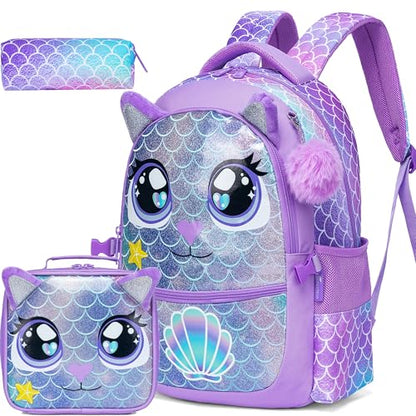 Backpacks for Girls School Bag Cute Girls Backpacks Ages 8-10 with Lunch Box Kids Bookbag Set Travel Backpack for Preschool Kindergarten Elementary Students Backpack to School Supplies - color: Mermaid