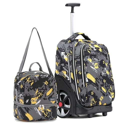 NEW TILAMI 19 Inch Rolling Backpack with Lunch Bag for Girls Boys Wheeled Laptop Backpack Durable Carry-on Bag School Travel, Doodle Yellow - color: Yellow Doodle