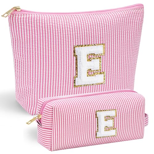 YOOLIFE Personalized Makeup Bag for Women - Monogram Cosmetic Bag Travel Toiletry Bag Brush Holder Birthday Gifts for Women Her Wedding Bridesmaid Friend Sister Teacher Wife Grandma Pink Initial E - color: Pink, style: E
