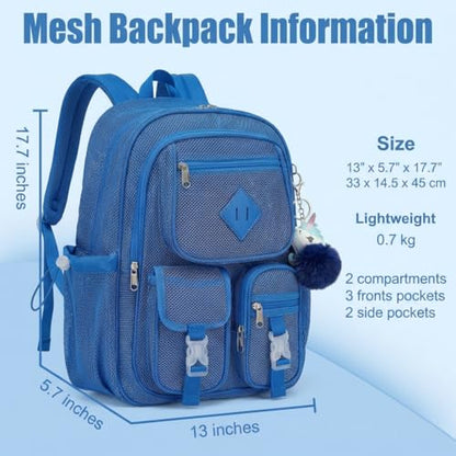 Mesh Backpack for Girls Boys, Heavy Duty Semi-Transparent Mesh Bookbag Womens Mens Mesh Backpacks for School, Sports, Beach, Swimming, Travel - Royal Blue - color: Royal Blue