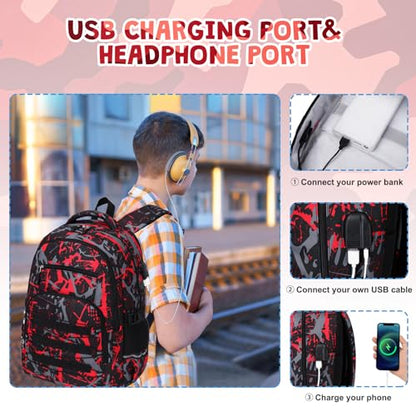 ACESAK Camo Backpack for Boys, Tactical Kids Backpack Boys, School Bags for Boy Children Teens Kids Elementary Middle High School, Military Bookbag and Lunch Bag Pencil Case Set with USB Charging Port - color: Camo Red