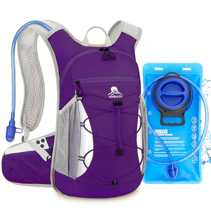 Hydration Backpack with 2L Water Bladder - Lightweight 15L Daypack with Phone-Sized Hip Belt Pockets, Anti-Chafe Cotton Edging & No-Bounce Straps - Small Water Backpack for Hiking, Running, Skiing - color: Purple