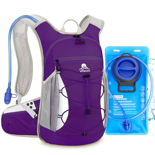 Hydration Backpack with 2L Water Bladder - Lightweight 15L Daypack with Phone-Sized Hip Belt Pockets, Anti-Chafe Cotton Edging & No-Bounce Straps - Small Water Backpack for Hiking, Running, Skiing - color: Purple