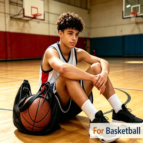 Mesh Sling Ball Bag, Portable Storage Net Bag Fits Soccer Basketball Volleyball, Adjustable Shoulder Sports Equipment Bags for Youth, Coaches, Gym Outdoor