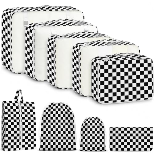 9 Set Packing Cubes for Travel Essentials - Lightweight Carry-On Luggage Organizer Bags with Shoe, Clothes & Laundry Bags for Airplane, Family & Business Travel, Black checkered - color: Black checkered