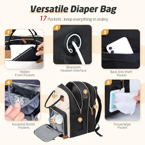 Diaper Bag Backpack - Extra Large Diaper Backpack for 2 Kids Twin, Travel Baby Bags for Mom Dad 25-37L Expandable with Changing Pad, Quilted Beige Black - color: Quilted_beige Black