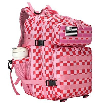 Lovelinks21 45L Tactical Assault Backpack 3 day assault pack with Molle Waterproof backpack Rucksack for Tactical Backpacks (Pink white check) - color: Pink White Check