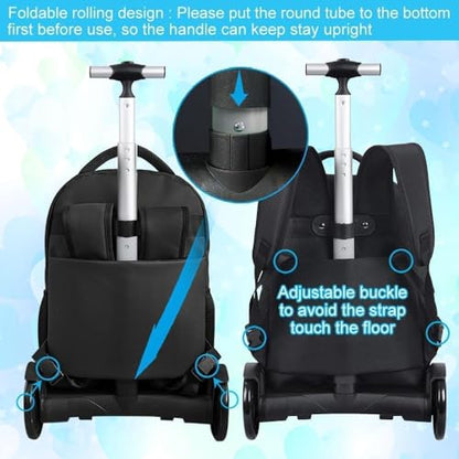 CCJPX 3Pcs Men & Boys Rolling Backpack with Bigger Wheels, Extra-Large Wheeled Bookbag with Lunch Box, Water Resistant Extra-Large Roller Luggage for Travel, Work, College (Black) - color: Black(upgrade Large Wheel)