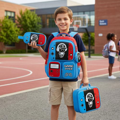 Boys Backpack, Luminous Gamer Backpack for Boys with Lunch Box,Pencil Case and Coin Puese,Kids Schoolbag Bookbag for Teen Boy Elementary Middle High School Travel(Red-Blue) - color: Red-blue