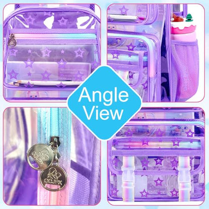KLFVB 3PCS Clear Bookbag Heavy Duty, Girls See Through School Bag Set, Cute Transparent Backpack for Women - Star Purple - color: Star Purple Clear Backpack