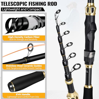 PLUSINNO Fishing Rod and Reel Combo, Telescopic Fishing Pole Kit with Spinning Reel, Tackle Box, Fishing Lures and Travel Carrying Bag, Fishing Gear Gifts for Men - color: 2pack Full Kit with Carrier Case, size: 1.8M 5.91 FT