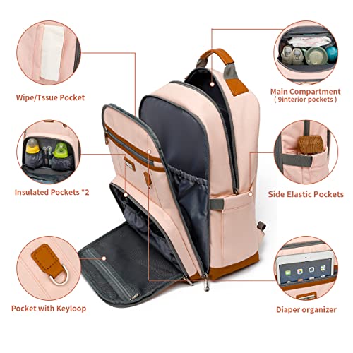 Diaper Bag Backpack, Large Baby Nappy Bags with Portable Changing Pad for Boys and GirlsMultifunction Travel Baby Bag for Moms Dads, Shower Gifts Waterproof and Stylish，Light Powder - color: Light Powder