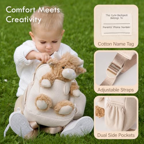 Moonkie Hug & Go Highland Cow Toddler Backpack – Soft Plush Bag with Take-Along Toy for Boys & Girls Aged 2–4 | Ideal for Daycare, Travel & Birthday Gifts for 3-Year-Old Kids - color: Highland Cow