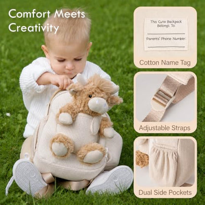 Moonkie Hug & Go Highland Cow Toddler Backpack – Soft Plush Bag with Take-Along Toy for Boys & Girls Aged 2–4 | Ideal for Daycare, Travel & Birthday Gifts for 3-Year-Old Kids - color: Highland Cow