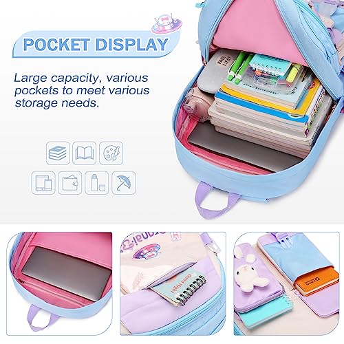 FIXITOK Girls Backpack Set, 3PCS Kids Backpacks for Girl, cute bunny School Backpack for Girls Kids Teen Kindergarten Elementary Preschool Middle School Bags with Lunch Box Pencil Case Blue - color: Blue