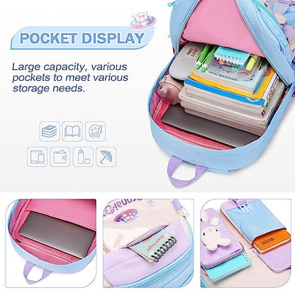 FIXITOK Girls Backpack Set, 3PCS Kids Backpacks for Girl, cute bunny School Backpack for Girls Kids Teen Kindergarten Elementary Preschool Middle School Bags with Lunch Box Pencil Case Blue - color: Blue