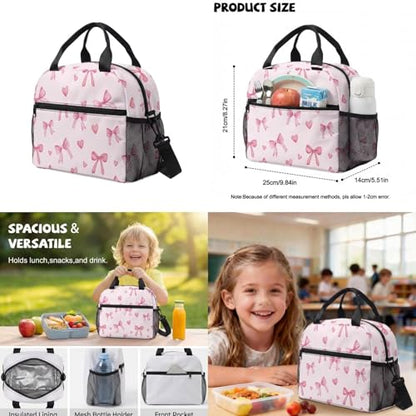 Pink Bow Backpack for Girls Back to School Backpack with Lunch Box Pencil Case and Water Bottle Holder 4 in 1 Lightweight 4th Grade Backpack for Girls Kids Bookbag for Primary School - color: Pink Bow