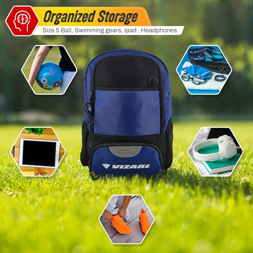 Vizari Soccer Backpack Soccer Bag | Water resistant Durable Equipment Bag for Football, Basketball, Volleyball | Cleats and Ball Compartment - Red,Blue,Pink,Black - color: Black/Royal