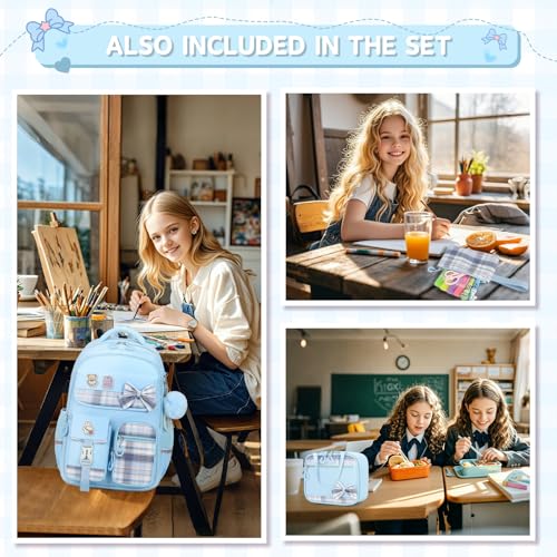 MOONBABY Girls Backpack, Kids Backpack for Girls School Bags with Lunch Bag & Pen Case, Bow Plaid Book Bag for Elementary Middle Primary High School College,Blue-3pcs - color: Blue Set