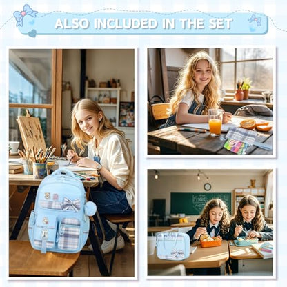MOONBABY Girls Backpack, Kids Backpack for Girls School Bags with Lunch Bag & Pen Case, Bow Plaid Book Bag for Elementary Middle Primary High School College,Blue-3pcs - color: Blue Set