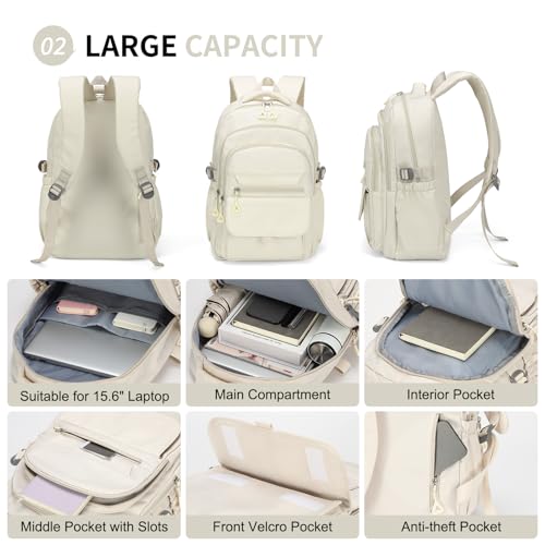 Aesthetic Daypack Backpack, Water-Resistant 15.6" Laptop Backpack for Women and Men, Featuring Touch-Fastener and Anti-Theft Pockets (White) - color: White