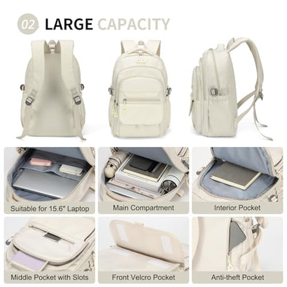 Aesthetic Daypack Backpack, Water-Resistant 15.6" Laptop Backpack for Women and Men, Featuring Touch-Fastener and Anti-Theft Pockets (White) - color: White