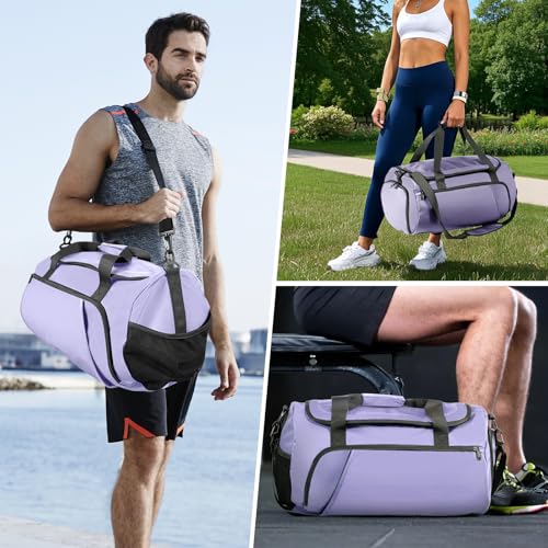 Gym Bag for Men Women, Purple | Shoe Compartment, Wet Pocket, Water Resistant, Shoulder & Messenger Bag, Weekend Overnight Travel - color: Purple