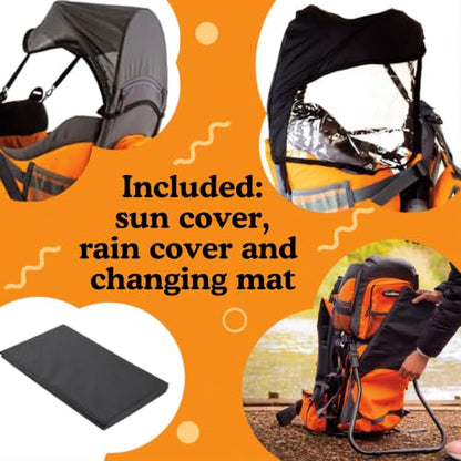 Hiking Baby Carrier Backpack - Comfortable Toddler/Baby Backpack Carrier System with Diaper Change Pad, Insulated Pocket + Rain and Sun Hood to Protect Your Child - color: Orange/Grey
