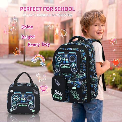 3PCS Kids Backpack Set, School Backpack with Lunch Bag & Pencil Case, Lightweight Waterproof Bookbag for Kids (Blue-Green Game) - color: Blue-green Game