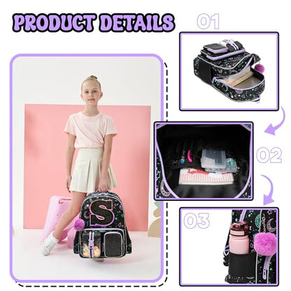 HTgroce Backpacks for Girls School Bag Kids Black Bookbag for Elementary Students Kids Backpack with Lunch Box and Pencil Case - color: Black, style: S