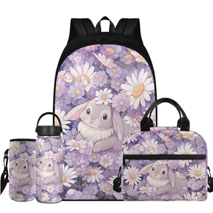 Flashideas Cute Bunny Backpack for Girls Kids Backpack with Lunch Box Water Bottle Stainless Steel and Water Bottle Carrier 4Pcs Set 17" Bookbag with Compartments for School Large Capacity School Bag - color: Cute Bunny and Daisy