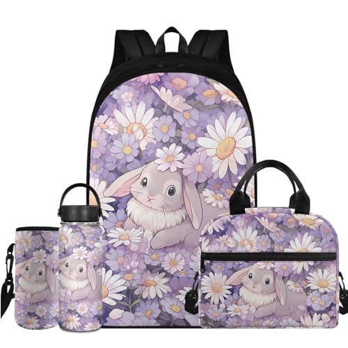Flashideas Cute Bunny Backpack for Girls Kids Backpack with Lunch Box Water Bottle Stainless Steel and Water Bottle Carrier 4Pcs Set 17" Bookbag with Compartments for School Large Capacity School Bag - color: Cute Bunny and Daisy