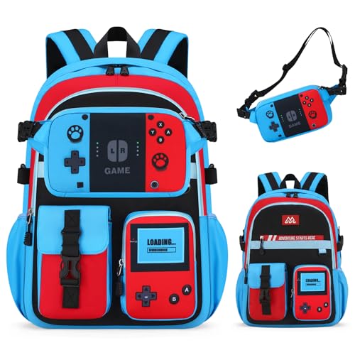 TILYTADLY 2‑IN‑1 School Backpack for Boys - Gamer Backpack for Boys with Waist Bag, 18″ Large Capacity Students Bag for Kids Children Teens Elementary Middle School - color: Red-blue Backpack Only