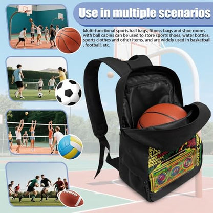 18.5in Basketball Backpack Basketball Bag with Shoe Compartment & Ball Holder, Waterproof Bag for Soccer Volleyball - color: Colorful Music Text Print