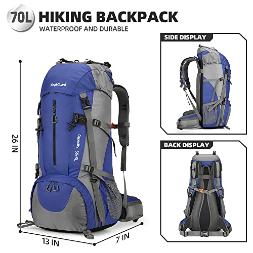 King'sGuard 70L Hiking Backpack with Rain Cover Lightweight Waterproof Travel Camping Backpack Large Backpacking Pack - color: Deepblue