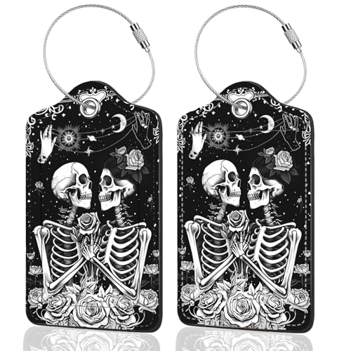 2Pack Luggage Tags for Suitcases, Cute Unique Pu Leather Cruise Luggage Tag with Privacy Cover ID Label Address Card and Metal Ring Suitable for Women Men Kids Travel Bag Skeletons and Flowers - color: Skeletons and Flowers