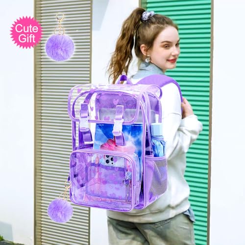 17" Clear Backpack for Girls, School Kids Transparent Bookbag Set, 3Pcs Stadium Approved See Through Backpack with Lunch Box (Purple) - color: Clear Love Purple Flip