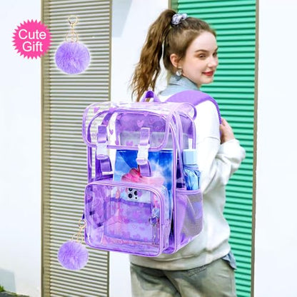 17" Clear Backpack for Girls, School Kids Transparent Bookbag Set, 3Pcs Stadium Approved See Through Backpack with Lunch Box (Purple) - color: Clear Love Purple Flip