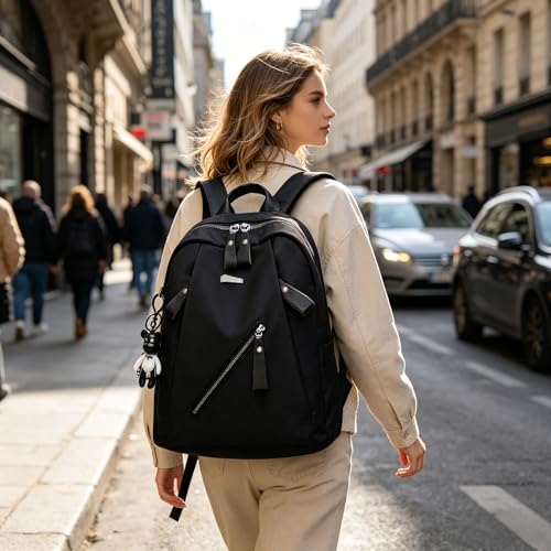 Black Backpack with Multiple Zippered Pockets,Casual Daypack with Adjustable Shoulder Straps,Lightweight Oxford Backpack for Women Men,Ideal for Travel Work Daily Use