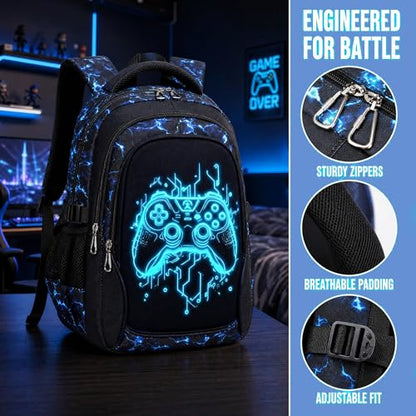 Jumpopack Gamer Boys Backpack Luminous School Backpacks for Boys Elementary School Bag Bookbag Kids Backpack with Lunch Box,Luminous Gamer Print - color: Luminous Gamer