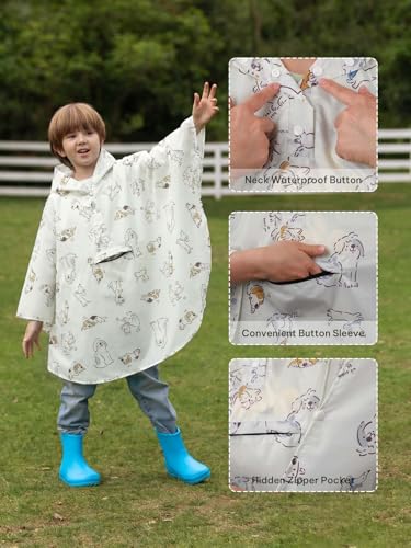 SaphiRose Lightweight Kids Rain Poncho Jacket Waterproof Outwear Rain Coat - color: Beige Puppy, size: 9-13 Years