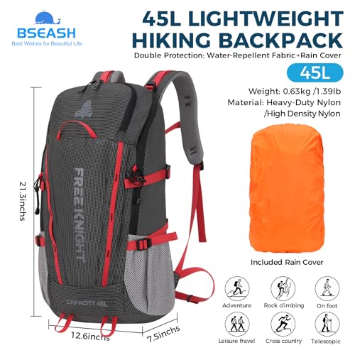 Bseash 45L Waterproof Hiking Camping Backpack with Rain Cover, Outdoor Sport Travel Bag Daypack for Climbing Skiing Cycling (Black) - color: Black