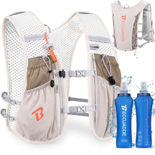 BECOJADDE Running Vest Hydration Backpack for Men Women, 5L Lightweight Running Backpack Hydration Pack for Marathon, Trail, Cycling, Hiking, Jogging - color: Khaki, size: 5l Running Vest With Two 500ml Soft Water Bottles