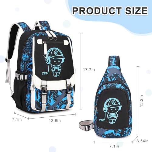 Bevalsa Backpack for Boys, Cool Luminous Boys Backpack with Sling Bag, Lunch Box & Pen Case, School Bags for Kids Children Teens Elementary Middle Schools, Bookbag Glow In The Dark (Blue) - color: Blue